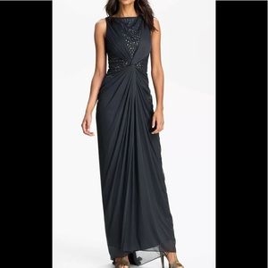 Adrianna Papell Embellished Twist Front Open Back Chiffon Dress Sz 4 Charcoal